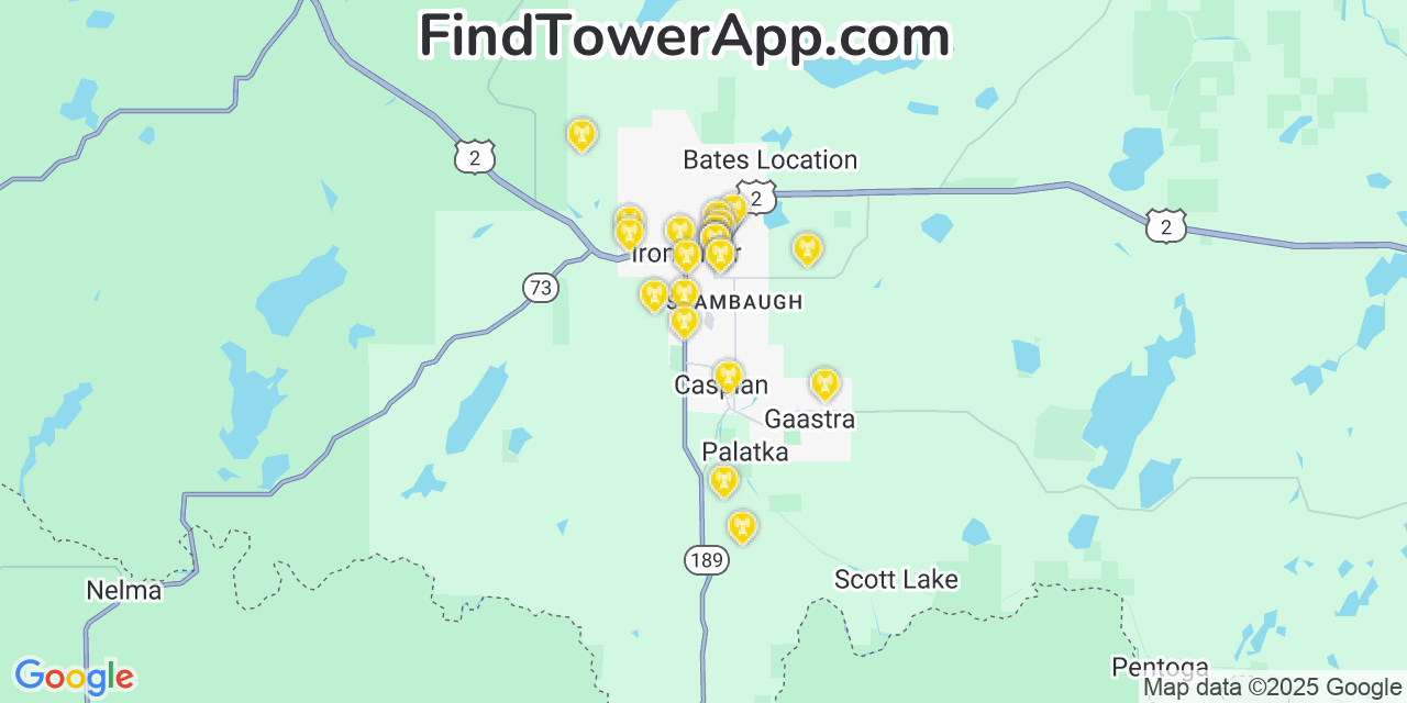 Map showing the 23 primary AT&T cell tower locations detected in Stambaugh, Iron River with coverage radius and signal strength indicators