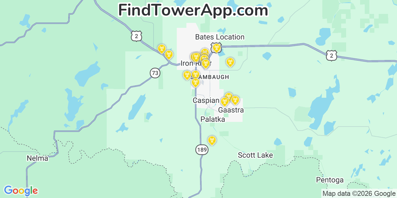 Map showing the 20 primary cell tower locations detected in Stambaugh, Iron River from AT&T, Verizon, and T-Mobile networks
