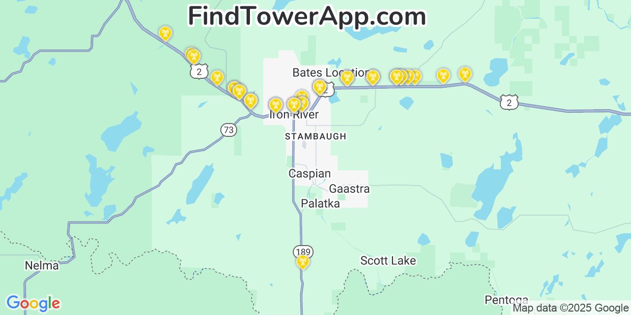 Map showing the 32 primary T-Mobile cell tower locations detected in Stambaugh, Iron River with coverage radius and signal strength indicators