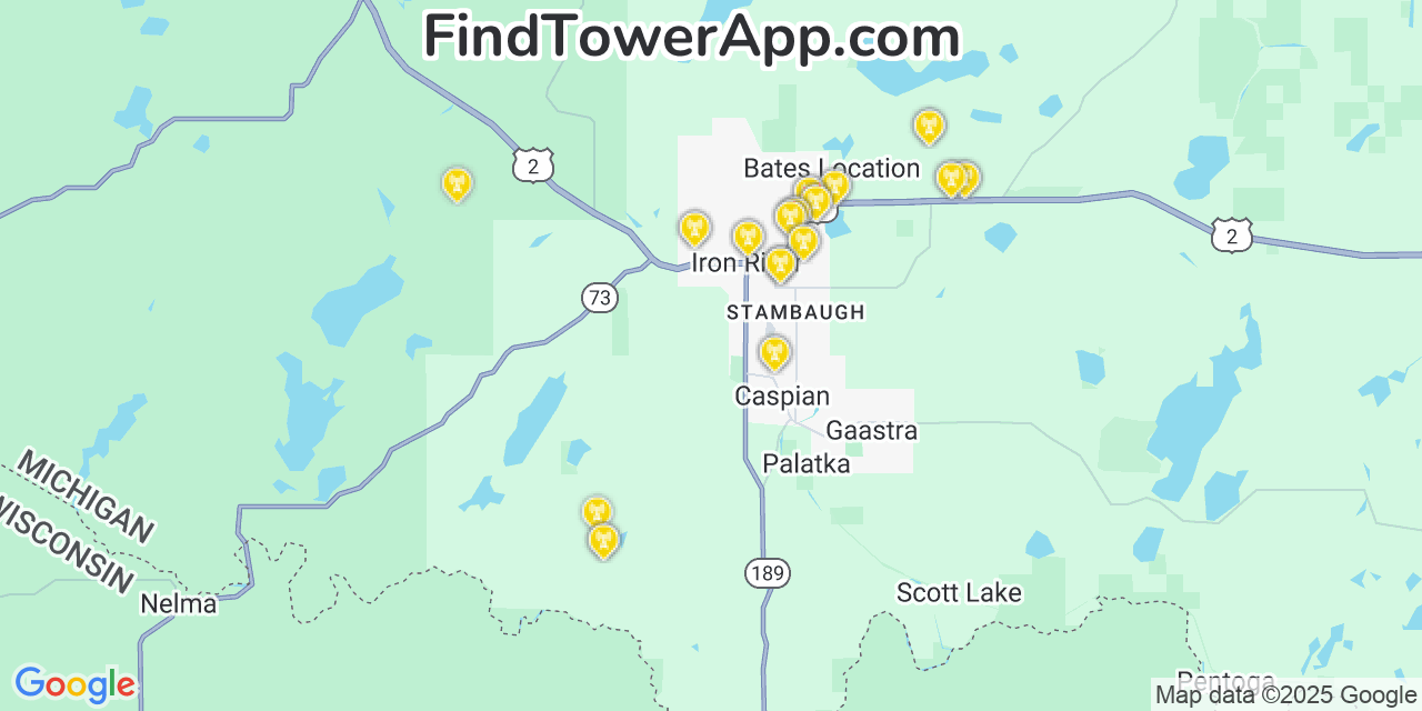 Map showing the 31 primary Verizon cell tower locations detected in Stambaugh, Iron River with coverage radius and signal strength indicators