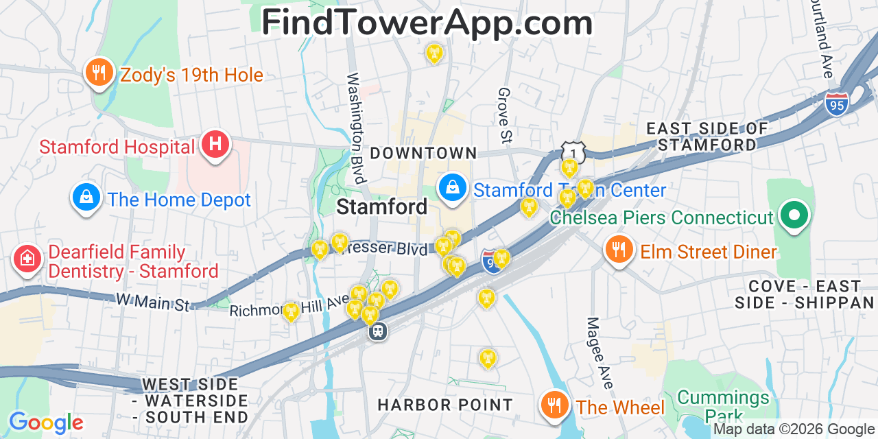 Map showing the 20 primary cell tower locations detected in Stamford, Connecticut from AT&T, Verizon, and T-Mobile networks