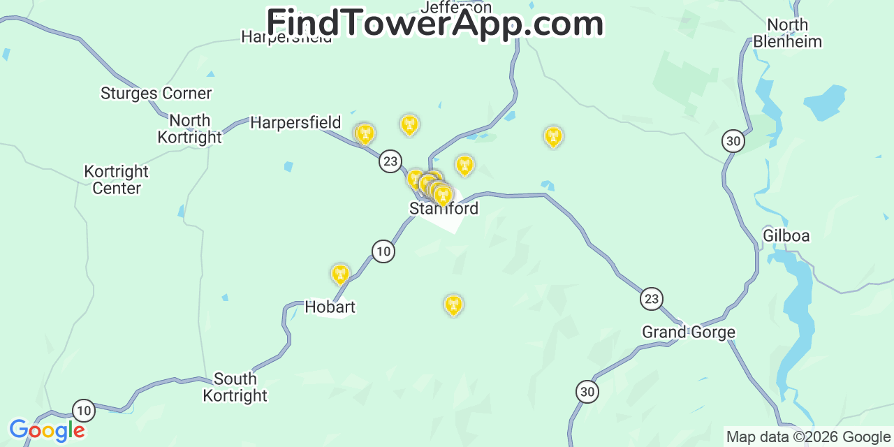 Map showing the 20 primary cell tower locations detected in Stamford, New York from AT&T, Verizon, and T-Mobile networks