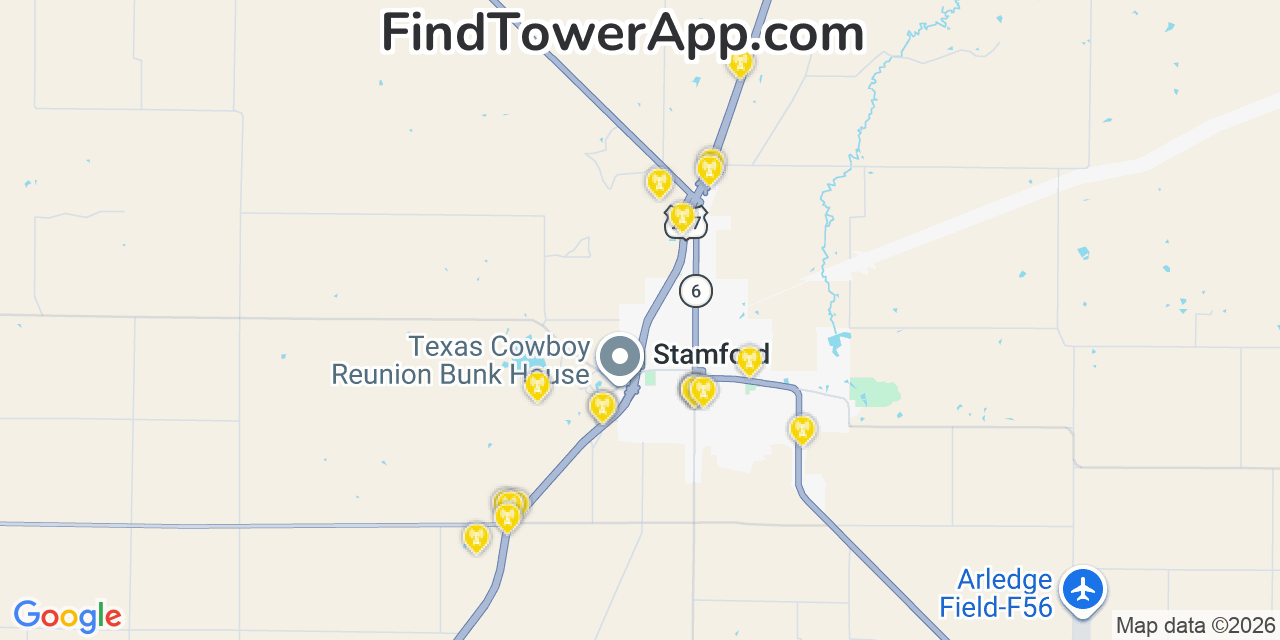 Map showing the 20 primary cell tower locations detected in Stamford, Texas from AT&T, Verizon, and T-Mobile networks