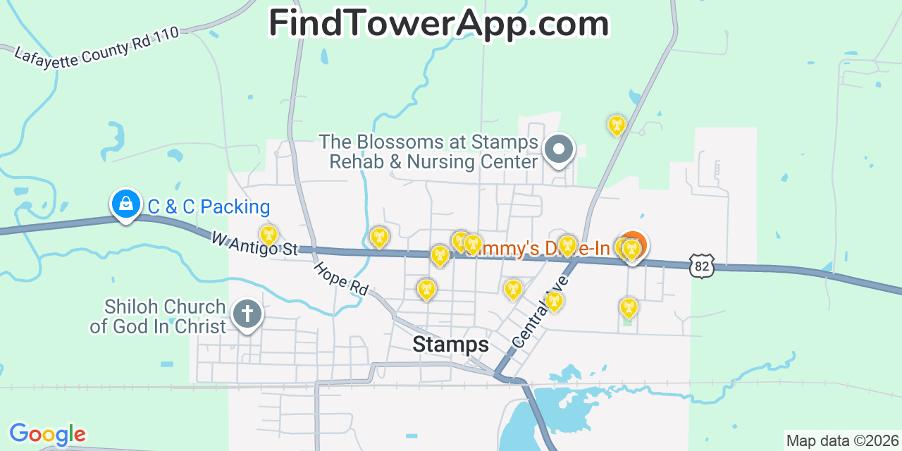 Map showing the 20 primary cell tower locations detected in Stamps, Arkansas from AT&T, Verizon, and T-Mobile networks