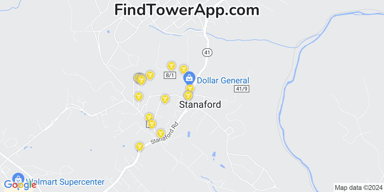 AT&T 4G/5G cell tower coverage map Stanaford, West Virginia