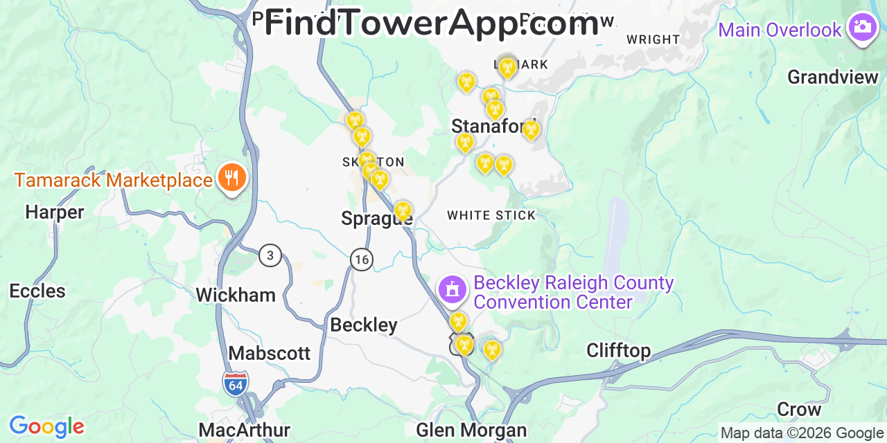 Map showing the 20 primary cell tower locations detected in Stanaford, West Virginia from AT&T, Verizon, and T-Mobile networks