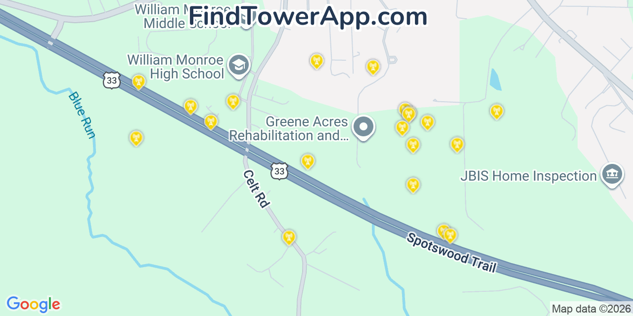 Map showing the 20 primary cell tower locations detected in Stanardsville, Virginia from AT&T, Verizon, and T-Mobile networks