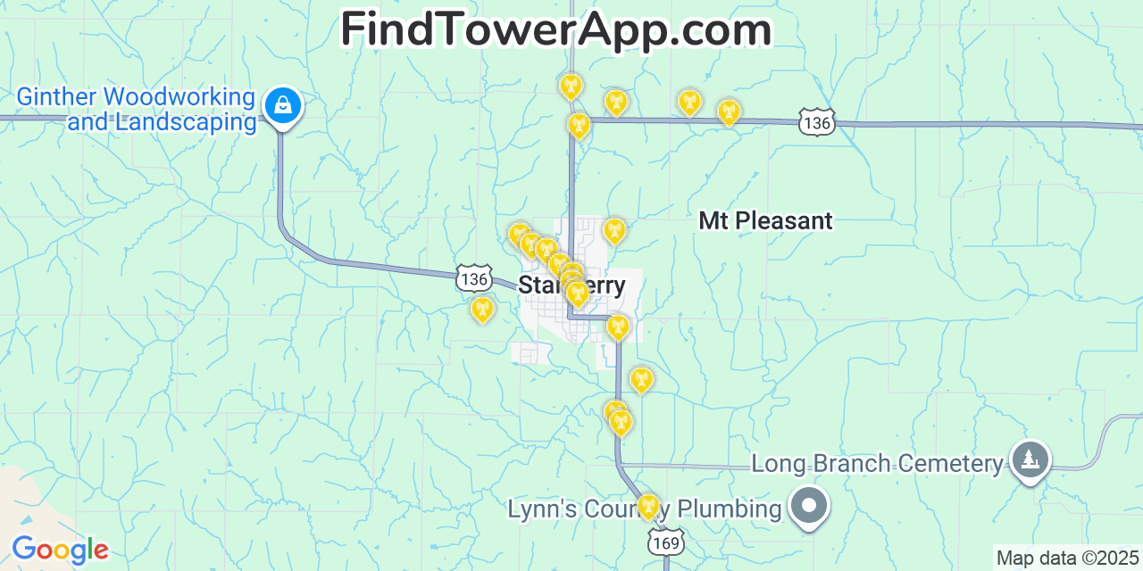 Map showing the 20 primary cell tower locations detected in Stanberry, Missouri from AT&T, Verizon, and T-Mobile networks