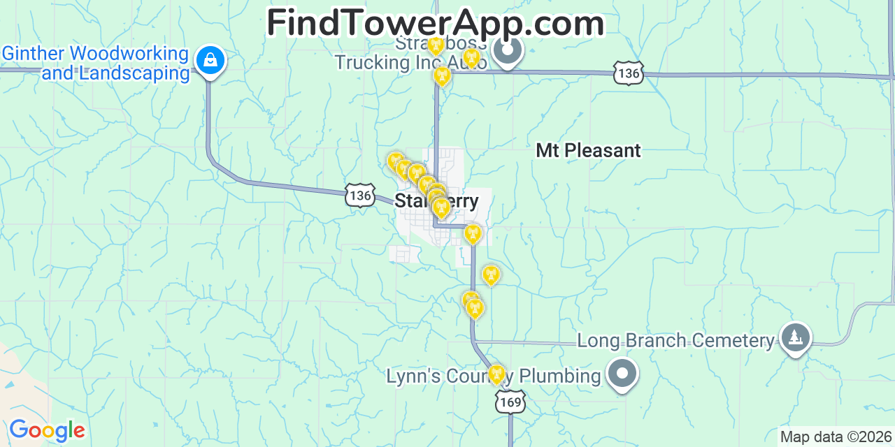 Map showing the 20 primary cell tower locations detected in Stanberry, Missouri from AT&T, Verizon, and T-Mobile networks