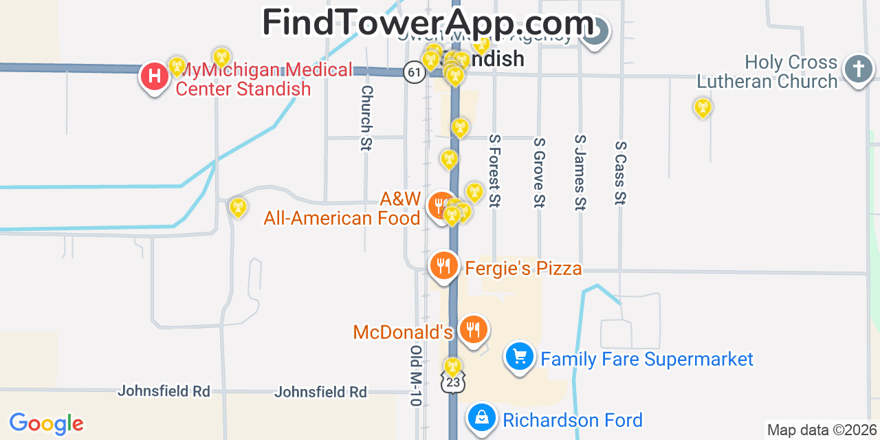 Map showing the 20 primary cell tower locations detected in Standish, Michigan from AT&T, Verizon, and T-Mobile networks
