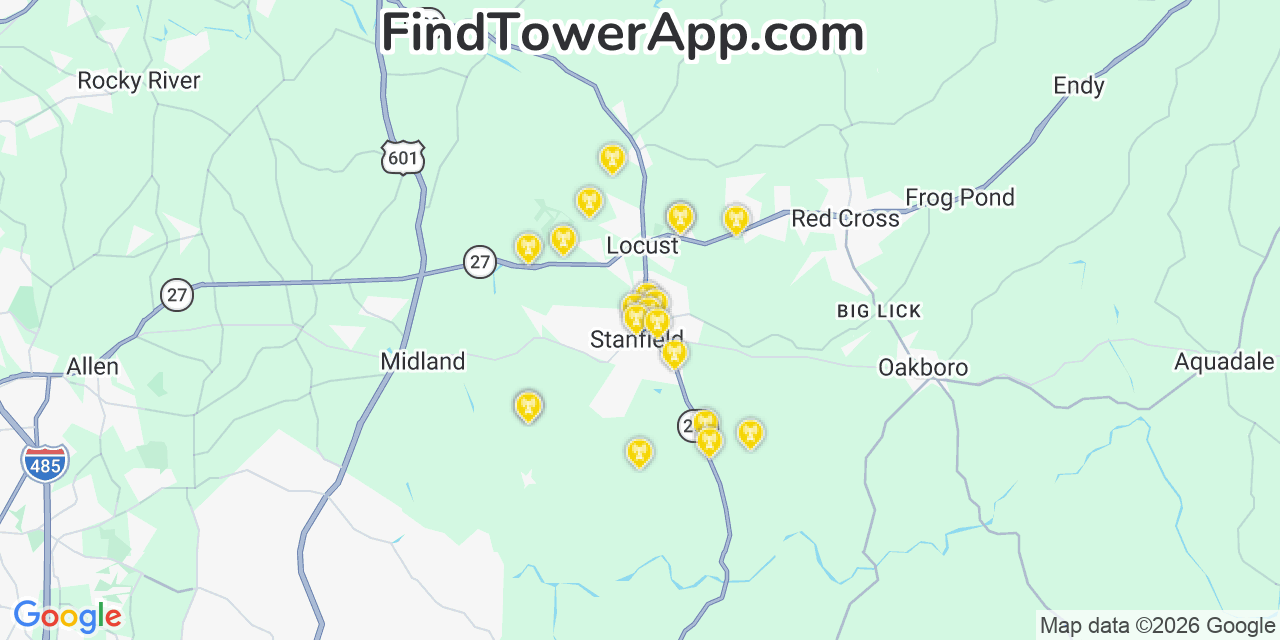 Map showing the 20 primary cell tower locations detected in Stanfield, North Carolina from AT&T, Verizon, and T-Mobile networks