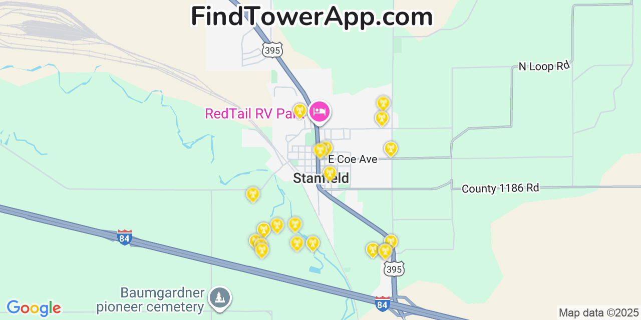 Map showing the 20 primary cell tower locations detected in Stanfield, Oregon from AT&T, Verizon, and T-Mobile networks