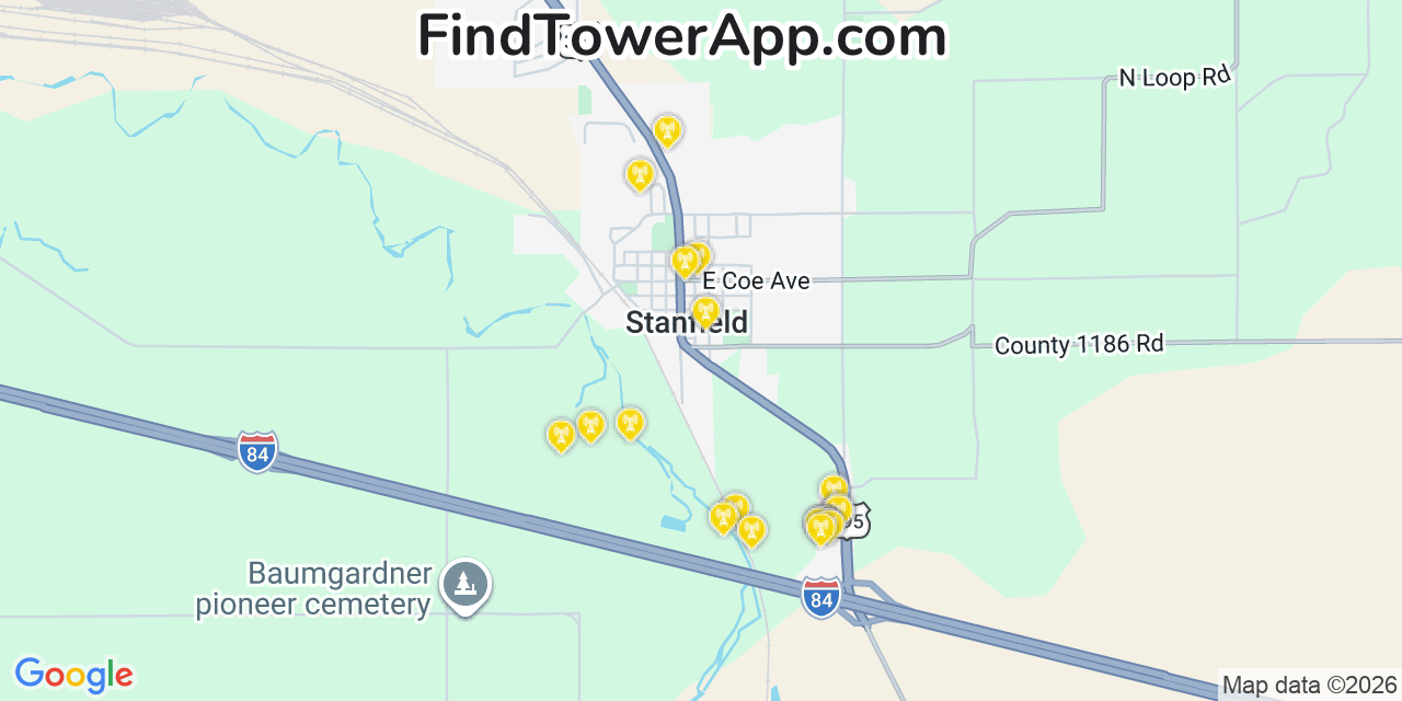 Map showing the 20 primary cell tower locations detected in Stanfield, Oregon from AT&T, Verizon, and T-Mobile networks