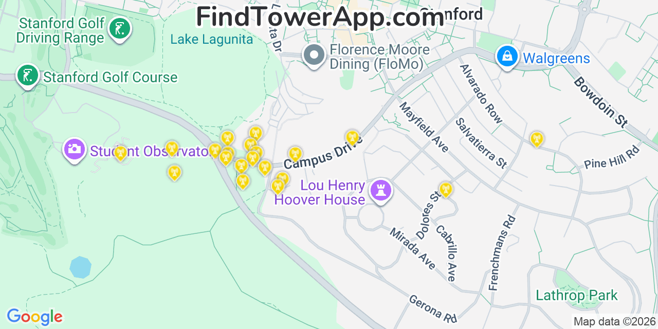 Map showing the 20 primary cell tower locations detected in Stanford, California from AT&T, Verizon, and T-Mobile networks