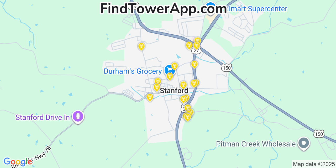 Map showing the 20 primary cell tower locations detected in Stanford, Kentucky from AT&T, Verizon, and T-Mobile networks