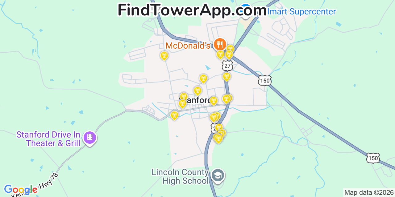 Map showing the 20 primary cell tower locations detected in Stanford, Kentucky from AT&T, Verizon, and T-Mobile networks