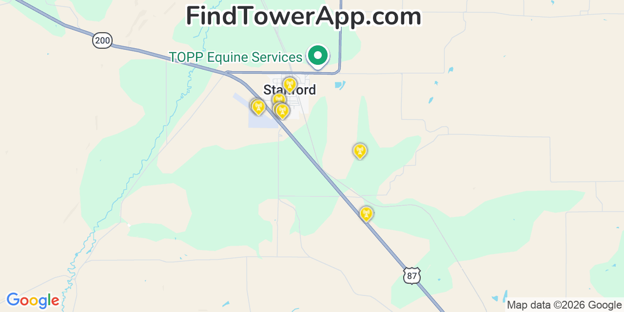Map showing the 20 primary cell tower locations detected in Stanford, Montana from AT&T, Verizon, and T-Mobile networks
