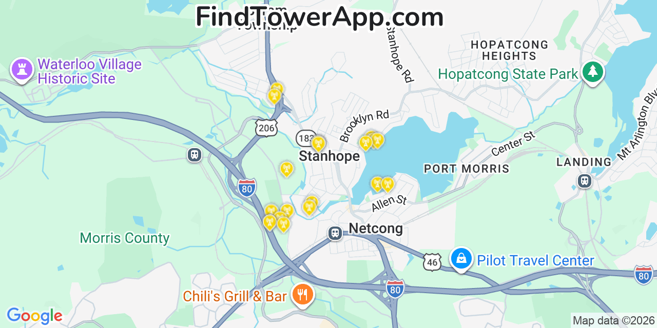 Map showing the 20 primary cell tower locations detected in Stanhope, New Jersey from AT&T, Verizon, and T-Mobile networks