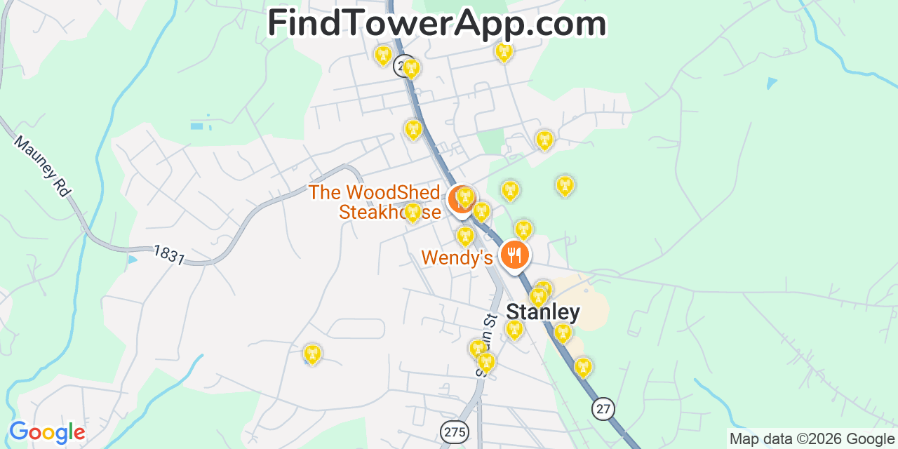 Map showing the 20 primary cell tower locations detected in Stanley, North Carolina from AT&T, Verizon, and T-Mobile networks