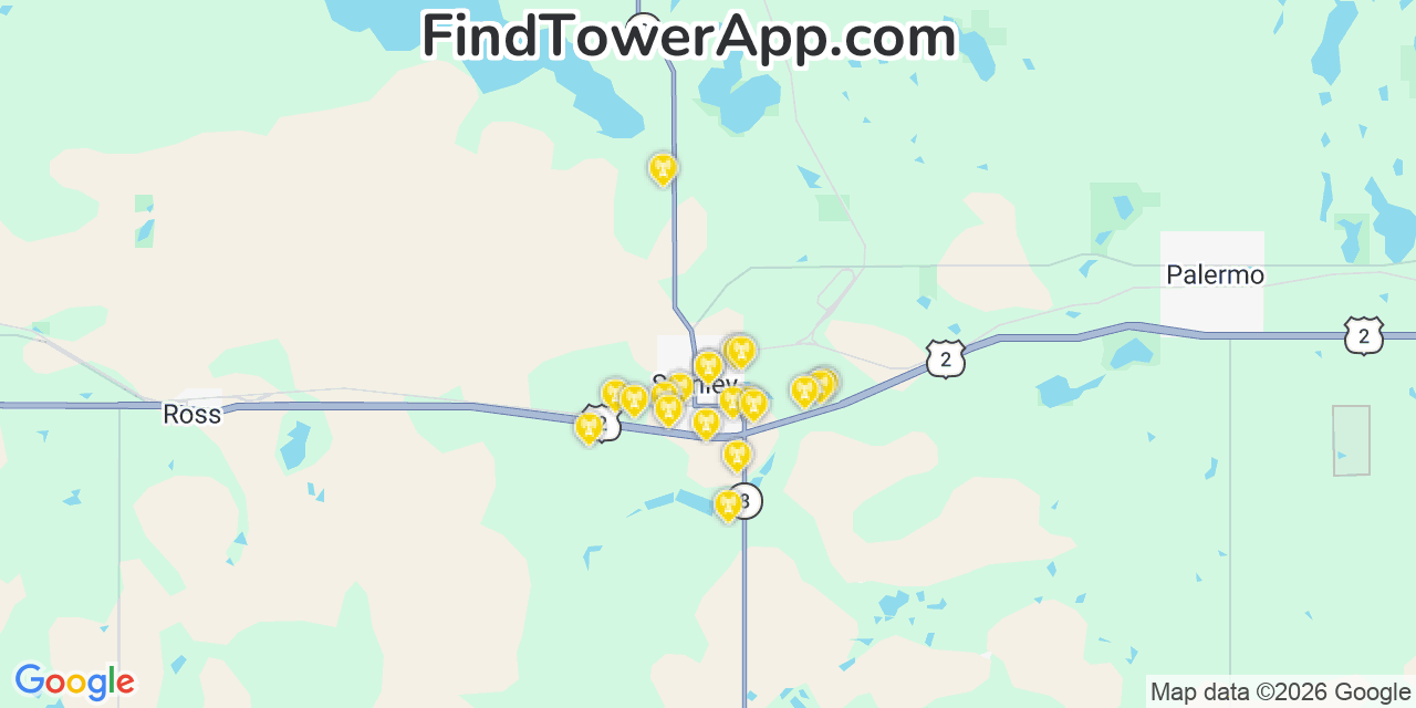 Map showing the 20 primary cell tower locations detected in Stanley, North Dakota from AT&T, Verizon, and T-Mobile networks
