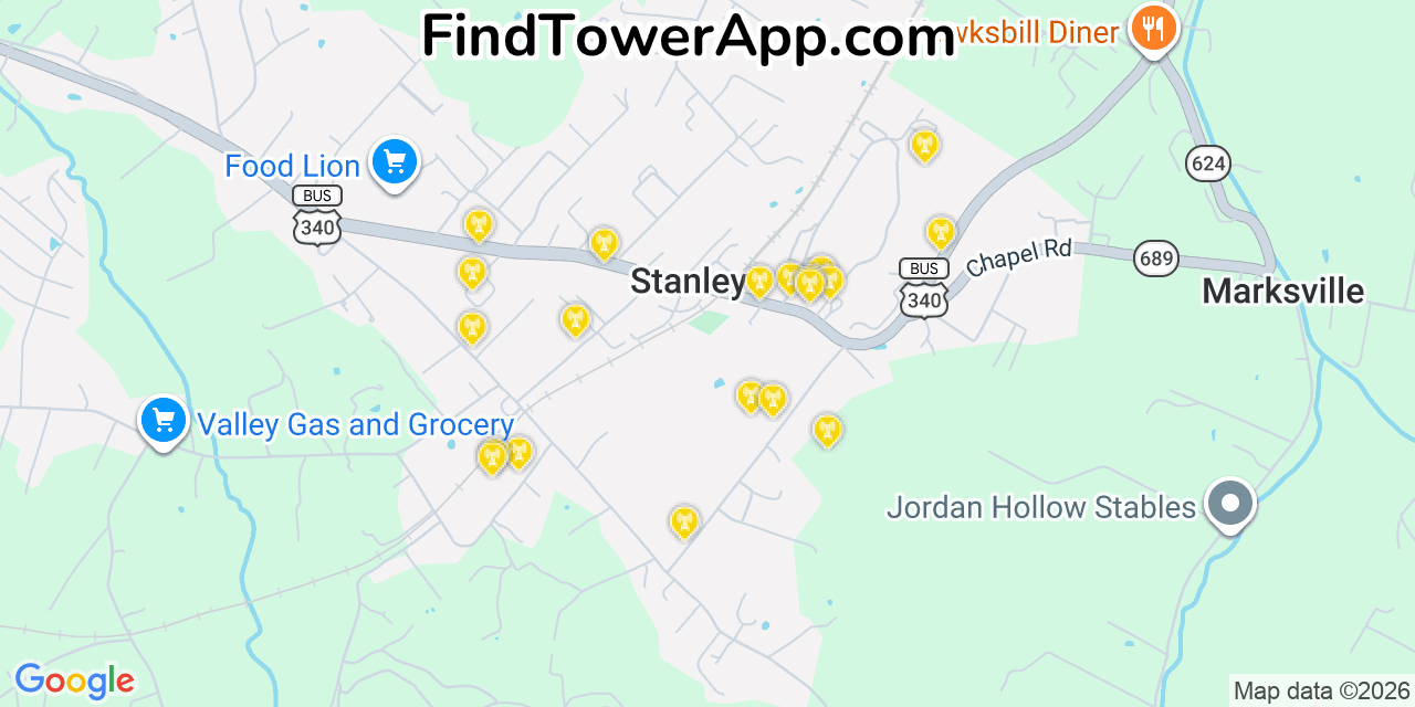 Map showing the 20 primary cell tower locations detected in Stanley, Virginia from AT&T, Verizon, and T-Mobile networks