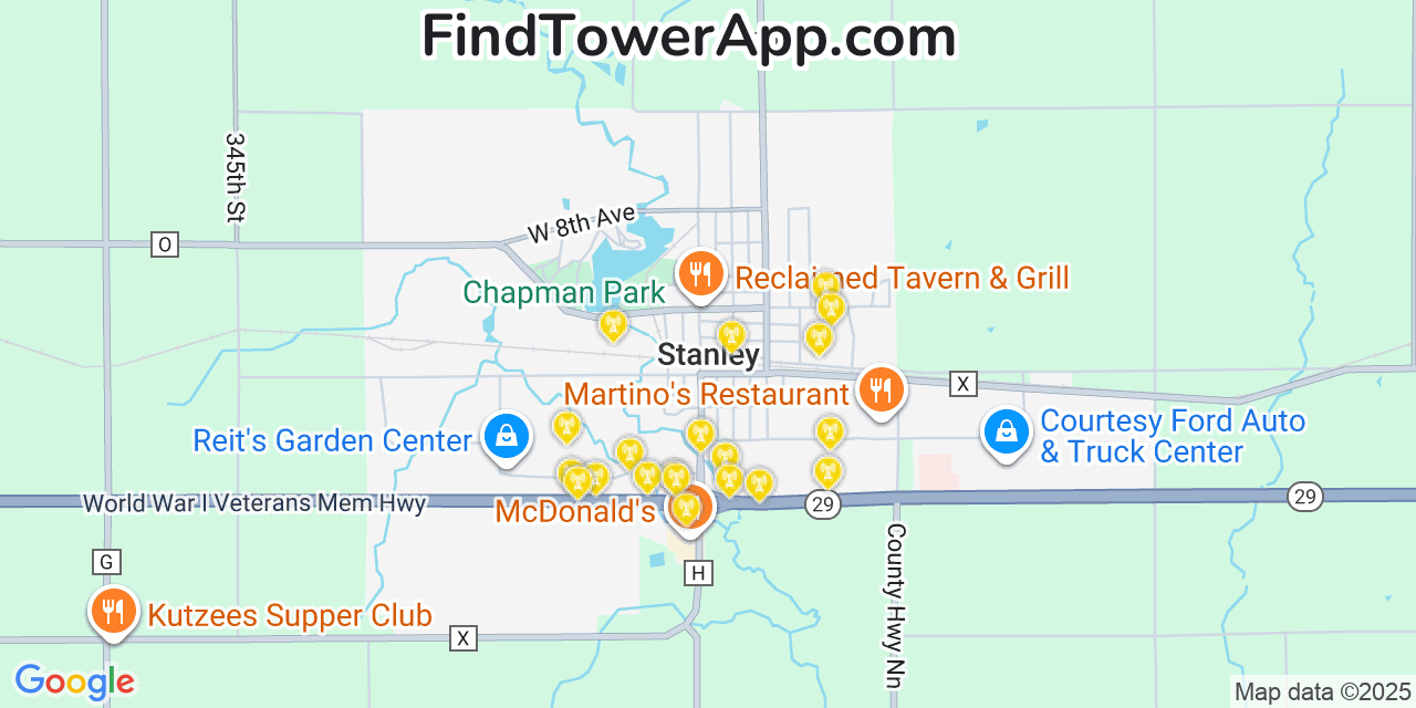 Map showing the 20 primary cell tower locations detected in Stanley, Wisconsin from AT&T, Verizon, and T-Mobile networks