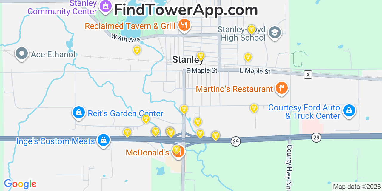 Map showing the 20 primary cell tower locations detected in Stanley, Wisconsin from AT&T, Verizon, and T-Mobile networks