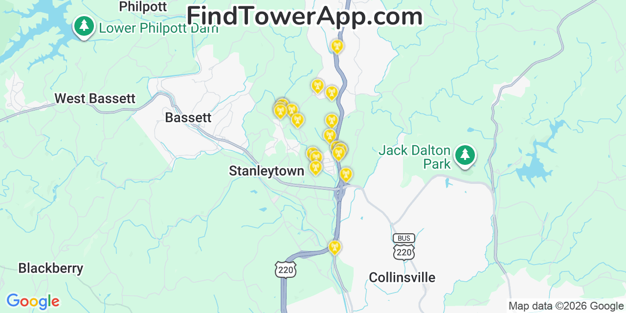 Map showing the 20 primary cell tower locations detected in Stanleytown, Virginia from AT&T, Verizon, and T-Mobile networks