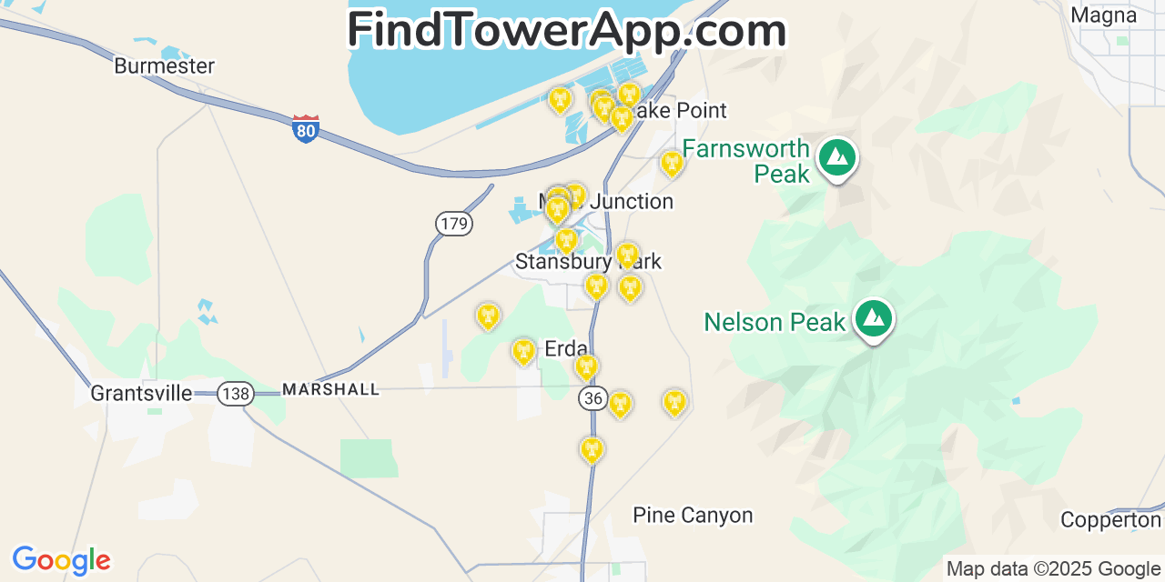 Map showing the 27 primary AT&T cell tower locations detected in Stansbury Park, Utah with coverage radius and signal strength indicators