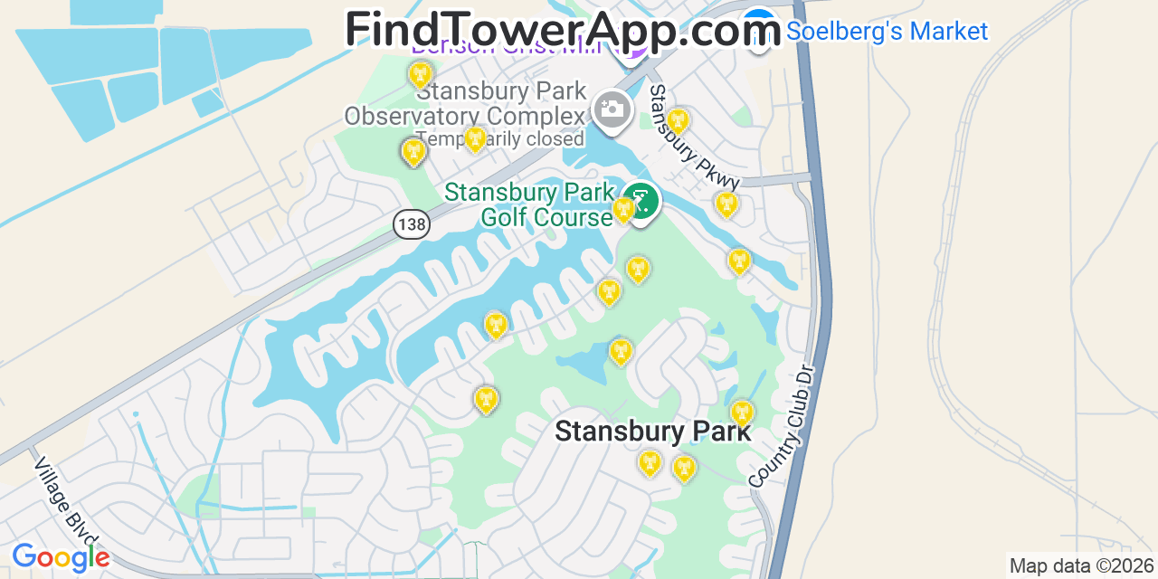 Map showing the 20 primary cell tower locations detected in Stansbury Park, Utah from AT&T, Verizon, and T-Mobile networks