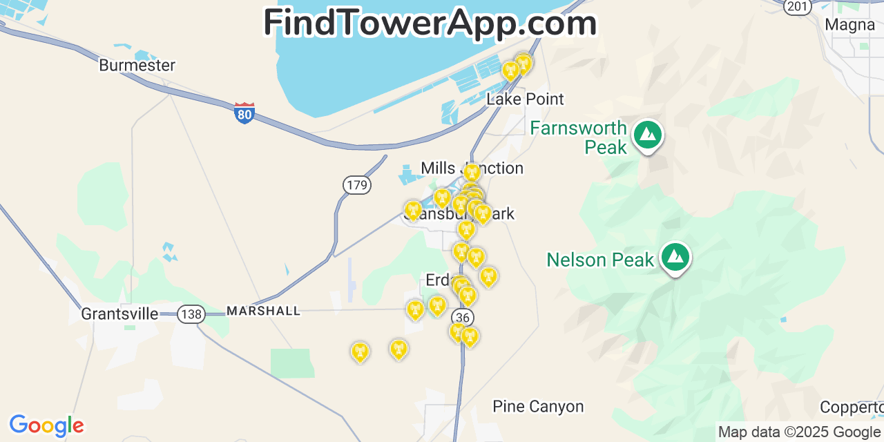 Map showing the 23 primary T-Mobile cell tower locations detected in Stansbury Park, Utah with coverage radius and signal strength indicators