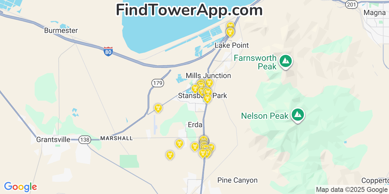 Map showing the 25 primary Verizon cell tower locations detected in Stansbury Park, Utah with coverage radius and signal strength indicators