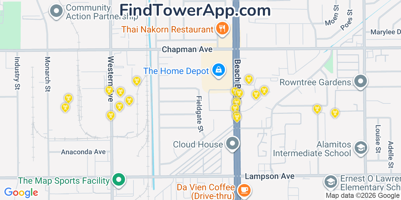 Map showing the 20 primary cell tower locations detected in Stanton, California from AT&T, Verizon, and T-Mobile networks