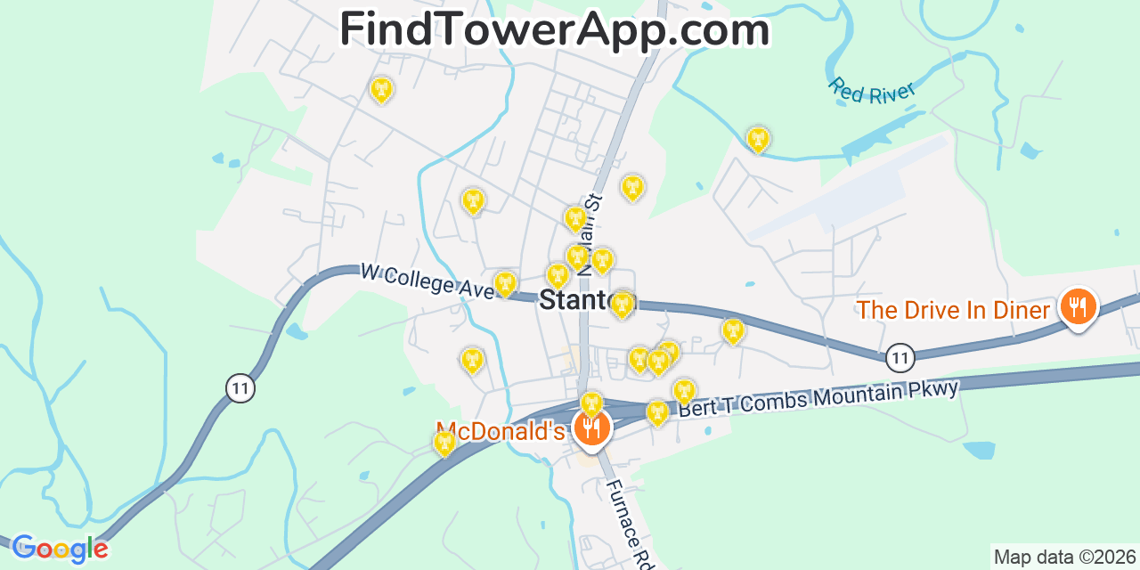 Map showing the 20 primary cell tower locations detected in Stanton, Kentucky from AT&T, Verizon, and T-Mobile networks