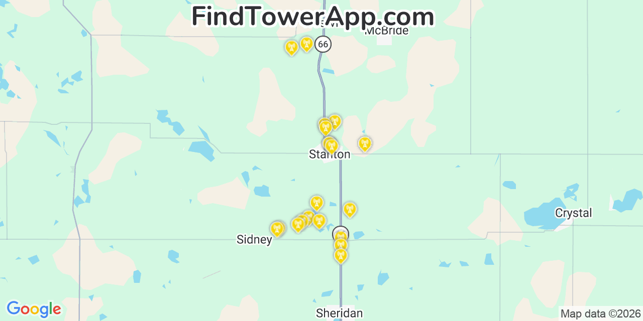Map showing the 20 primary cell tower locations detected in Stanton, Michigan from AT&T, Verizon, and T-Mobile networks