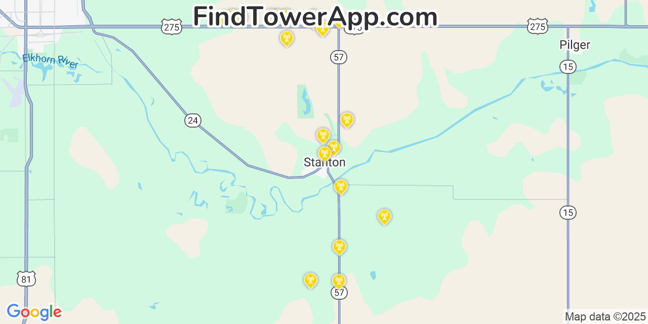 Map showing the 20 primary cell tower locations detected in Stanton, Nebraska from AT&T, Verizon, and T-Mobile networks