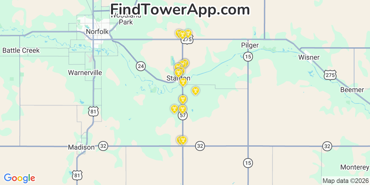 Map showing the 20 primary cell tower locations detected in Stanton, Nebraska from AT&T, Verizon, and T-Mobile networks