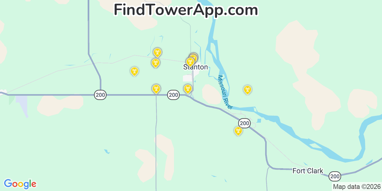 Map showing the 20 primary cell tower locations detected in Stanton, North Dakota from AT&T, Verizon, and T-Mobile networks