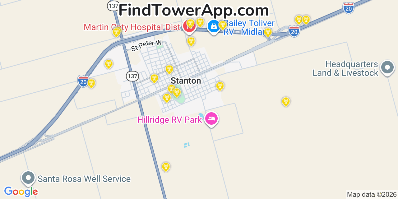 Map showing the 20 primary cell tower locations detected in Stanton, Texas from AT&T, Verizon, and T-Mobile networks