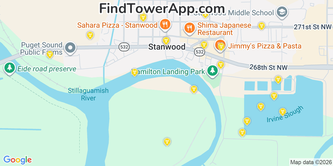 Map showing the 20 primary cell tower locations detected in Stanwood, Washington from AT&T, Verizon, and T-Mobile networks