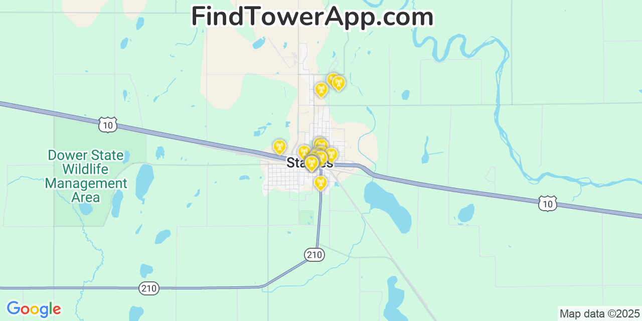 Map showing the 20 primary cell tower locations detected in Staples, Minnesota from AT&T, Verizon, and T-Mobile networks