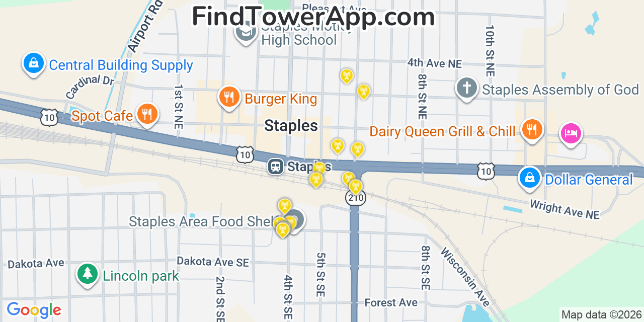 Map showing the 20 primary cell tower locations detected in Staples, Minnesota from AT&T, Verizon, and T-Mobile networks