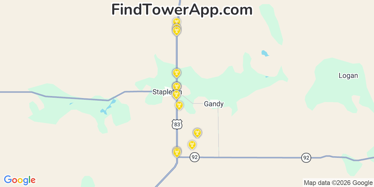 Map showing the 20 primary cell tower locations detected in Stapleton, Nebraska from AT&T, Verizon, and T-Mobile networks