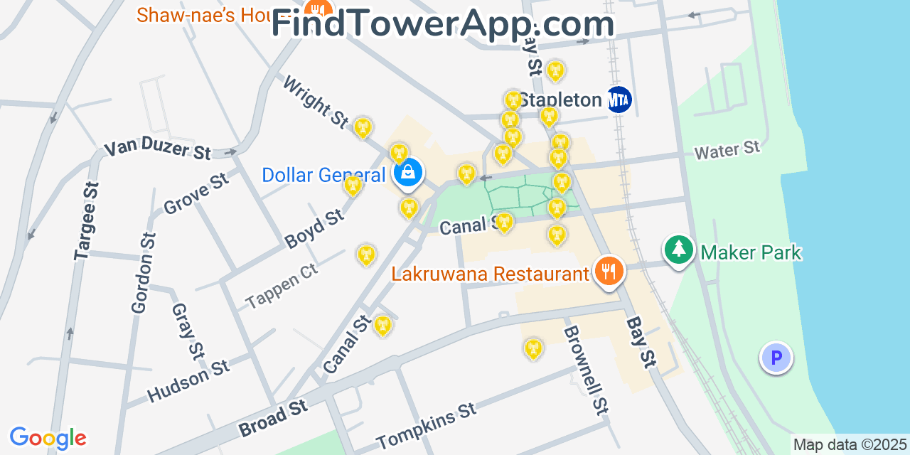 Map showing the 20 primary cell tower locations detected in Stapleton, New York from AT&T, Verizon, and T-Mobile networks