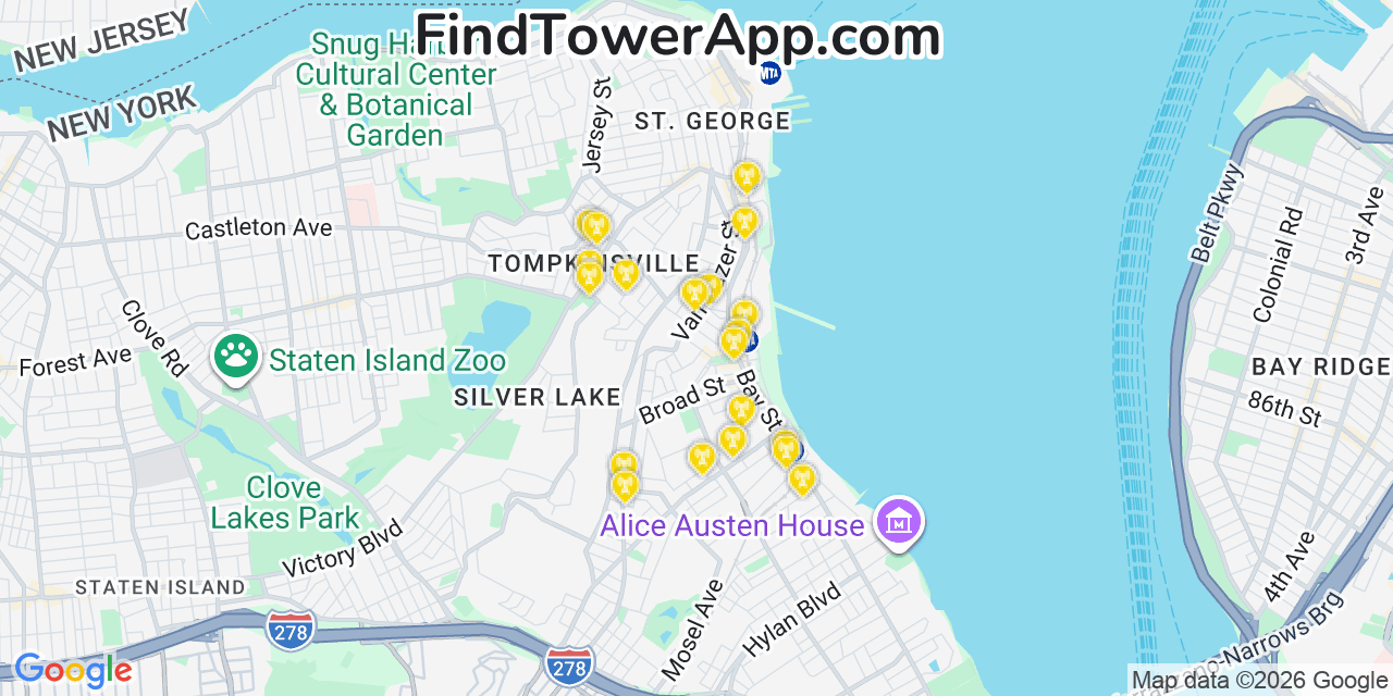 Map showing the 20 primary cell tower locations detected in Stapleton, New York from AT&T, Verizon, and T-Mobile networks