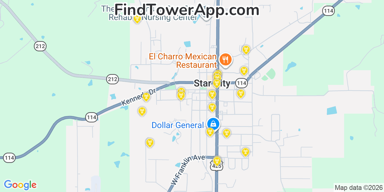 Map showing the 20 primary cell tower locations detected in Star City, Arkansas from AT&T, Verizon, and T-Mobile networks