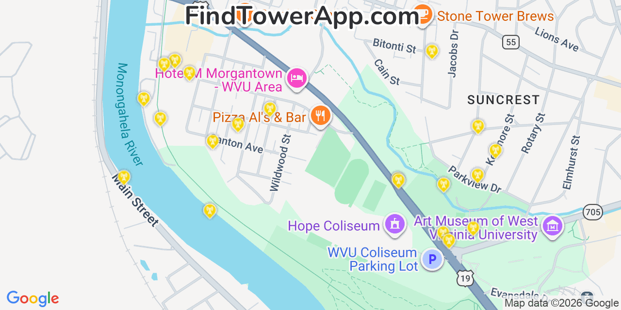 Map showing the 20 primary cell tower locations detected in Star City, West Virginia from AT&T, Verizon, and T-Mobile networks