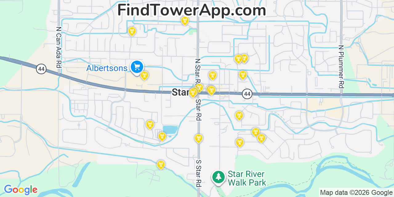 Map showing the 20 primary cell tower locations detected in Star, Idaho from AT&T, Verizon, and T-Mobile networks