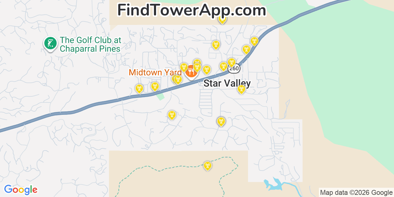 Map showing the 20 primary cell tower locations detected in Star Valley, Arizona from AT&T, Verizon, and T-Mobile networks