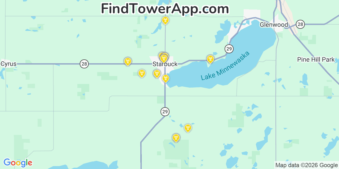Map showing the 20 primary cell tower locations detected in Starbuck, Minnesota from AT&T, Verizon, and T-Mobile networks